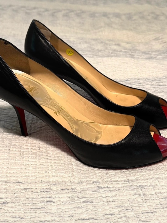 Christian Louboutin Shoes - Christian Louboutin Black Leather Peep-Toe Pumps with Red Accents